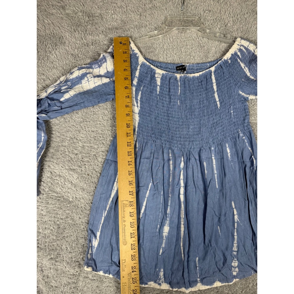 Style Envy Tunic Top Womens M Blue Tie Dye peas Smocked Bell Sleeve peasant - Picture 4 of 10